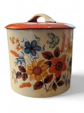 Floral Metal Storage Canister - Cream with Orange & Blue Flowers